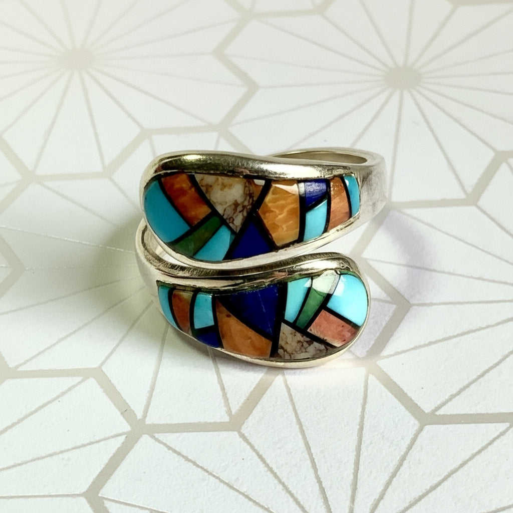Turquoise Inlay Ring Size 7 | Multi-Stone Sterling Silver | USA
