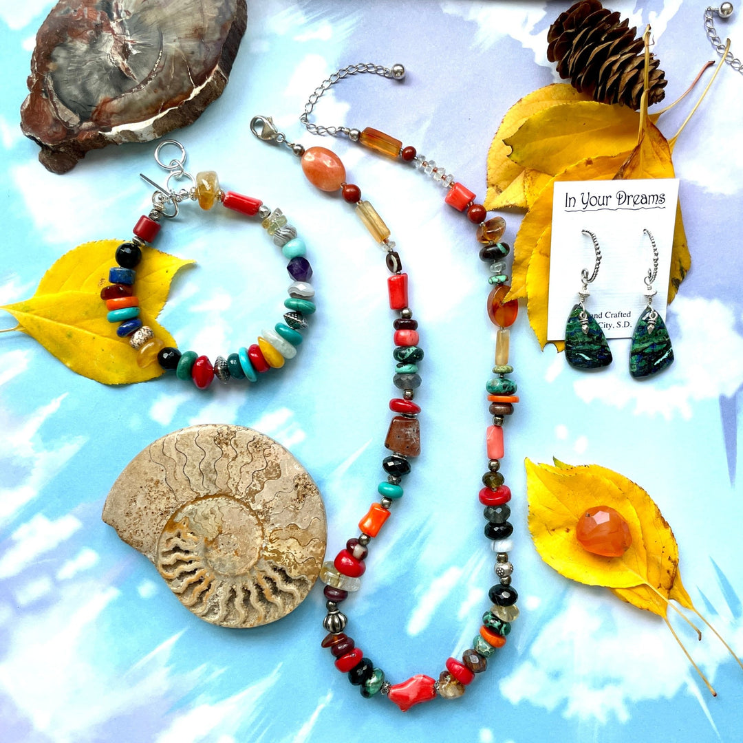 Rainbow multi gemstone necklace Coral, Sunstone more stones