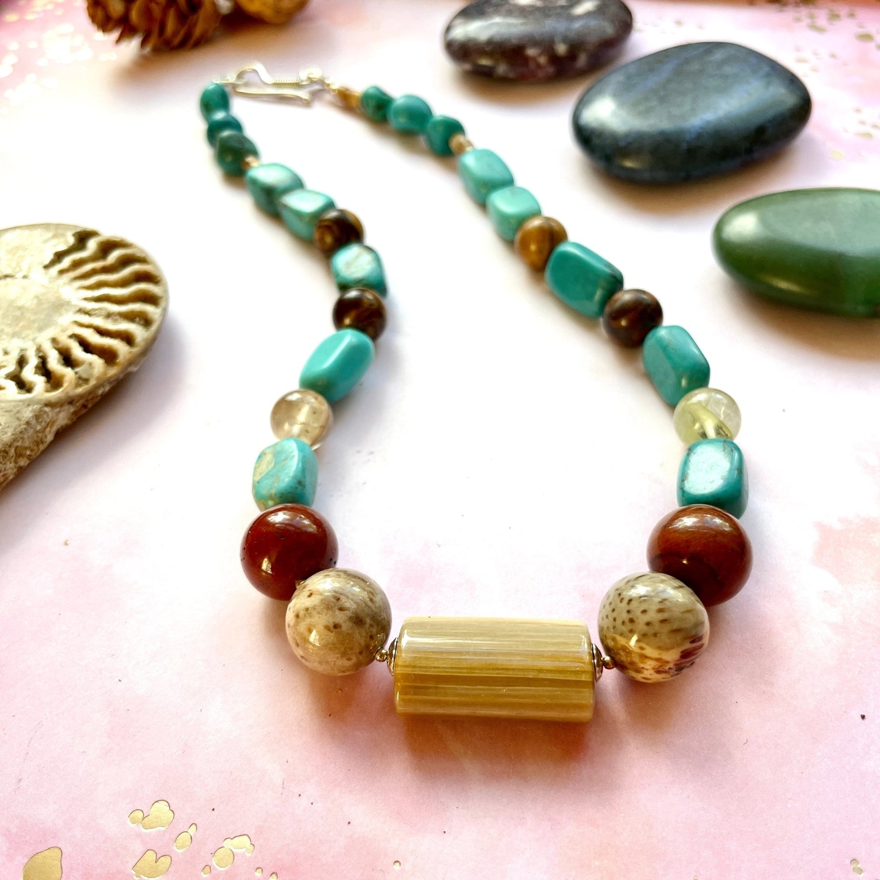 Cream & Turquoise Wooden Bead Multi-strand Necklace | Suzie Blue Jewellery  - The Naughty Shrew